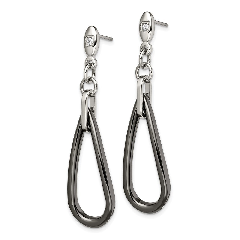 Stainless Steel Polished Black Ceramic CZ Dangle Post Earrings