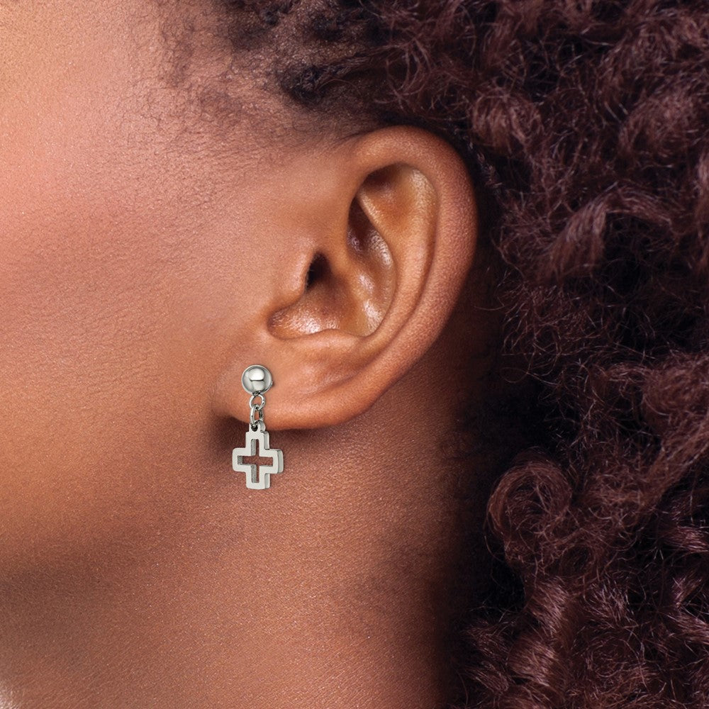 Stainless Steel Polished Cross Post Dangle Earrings
