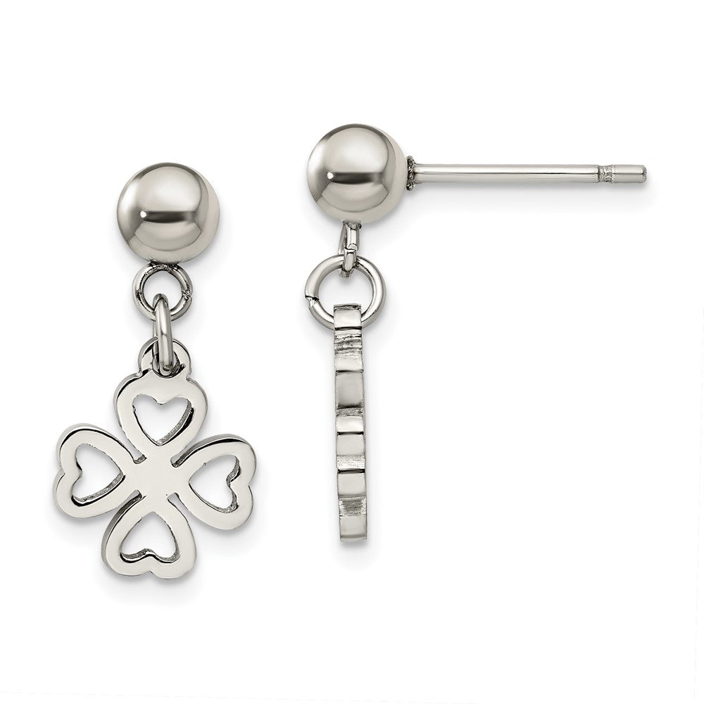 Stainless Steel Polished 4-Leaf Clover Post Dangle Earrings
