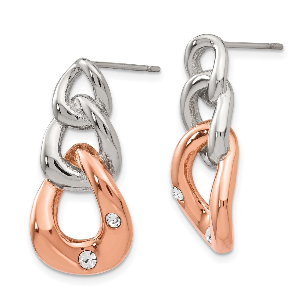 Stainless Steel Polished Rose IP-plated Loop w/Crystal Post Dangle Earrings