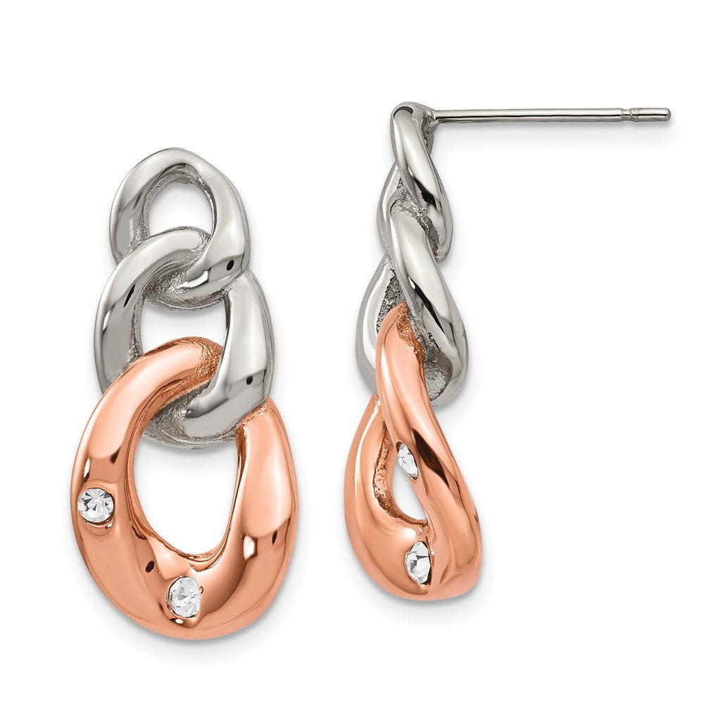 Stainless Steel Polished Rose IP-plated Loop w/Crystal Post Dangle Earrings