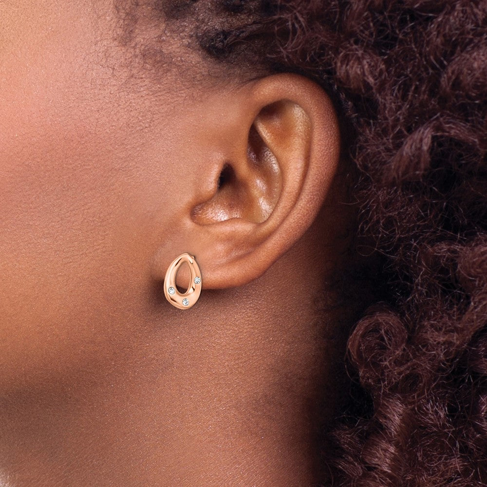 Stainless Steel Polished Rose IP-plated w/Crystal Teardrop Post Earrings
