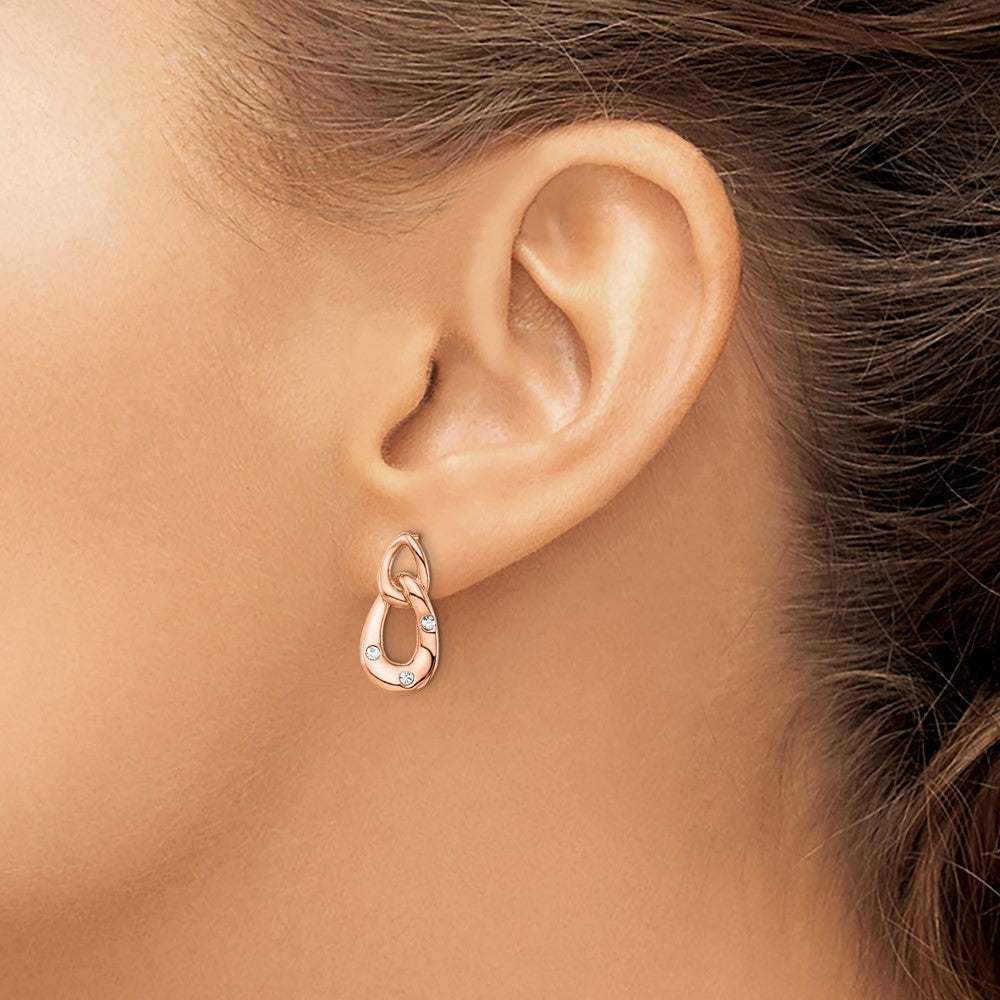 Stainless Steel Polished Rose IP-plated w/Crystal Two Loop Post Earrings