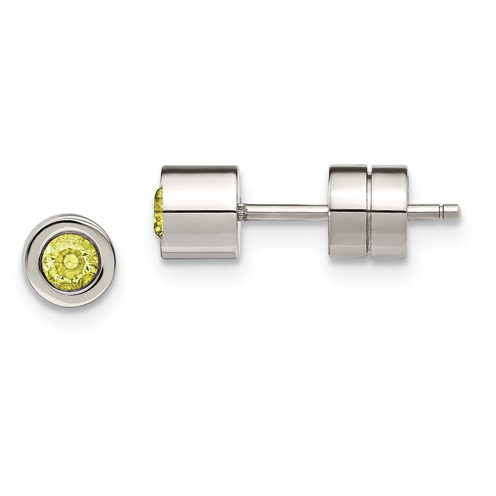 Stainless Steel Polished Green CZ August Birthstone Post Earrings