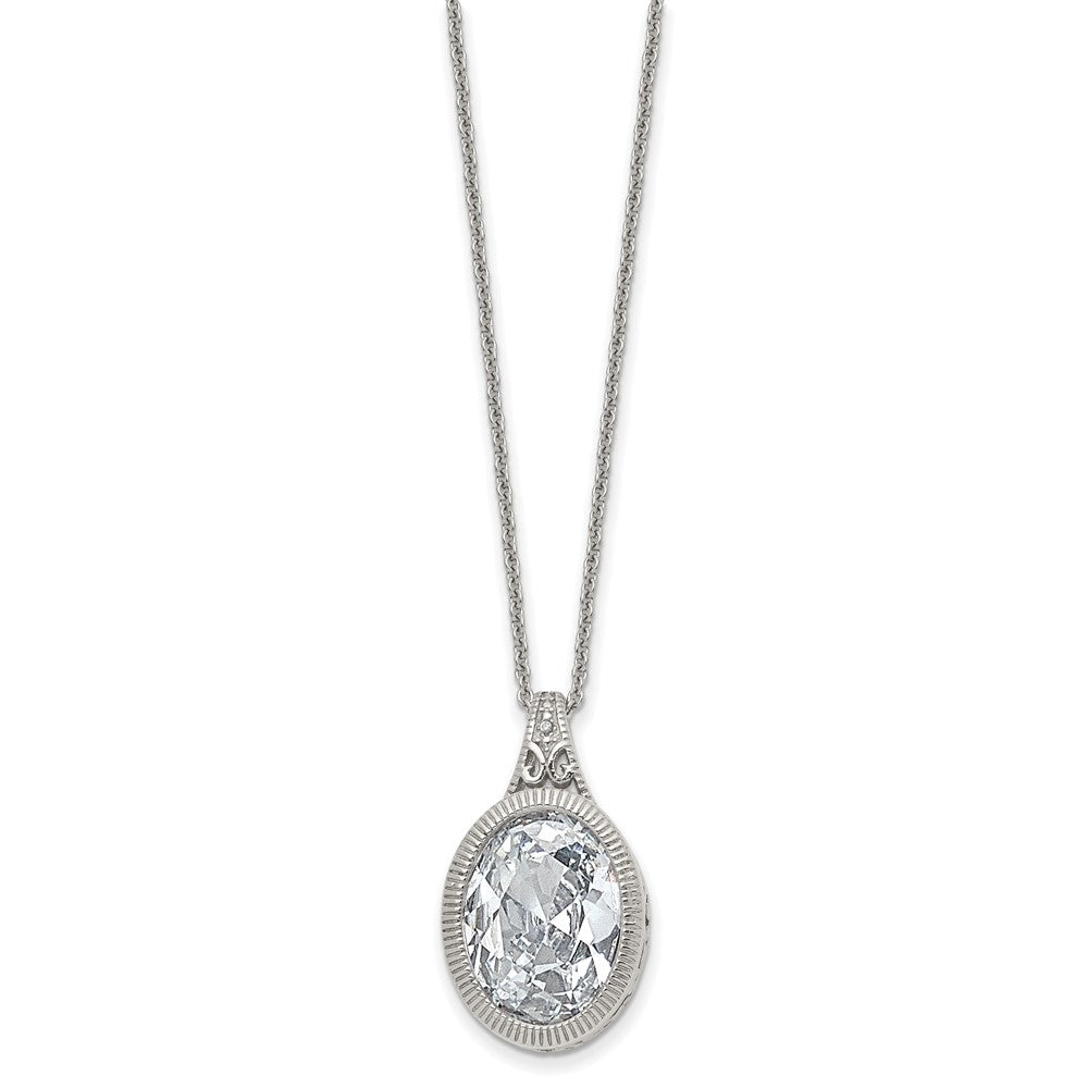 Stainless Steel Brushed and Polished w/Crystal Oval 18in Necklace
