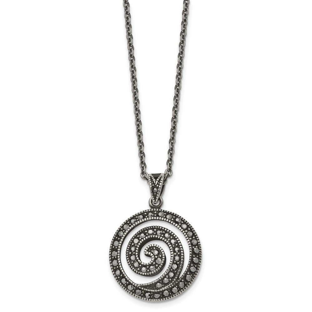 Stainless Steel Antiqued and Polished Marcasite Swirl 18in Necklace