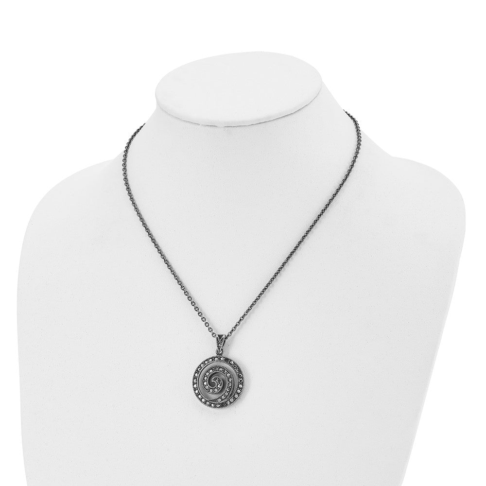 Stainless Steel Antiqued and Polished Marcasite Swirl 18in Necklace