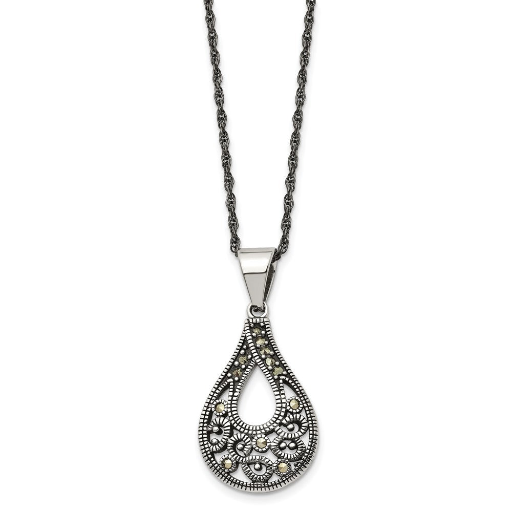 Stainless Steel Antiqued Polished & Textured Marcasite Teardrop Necklace