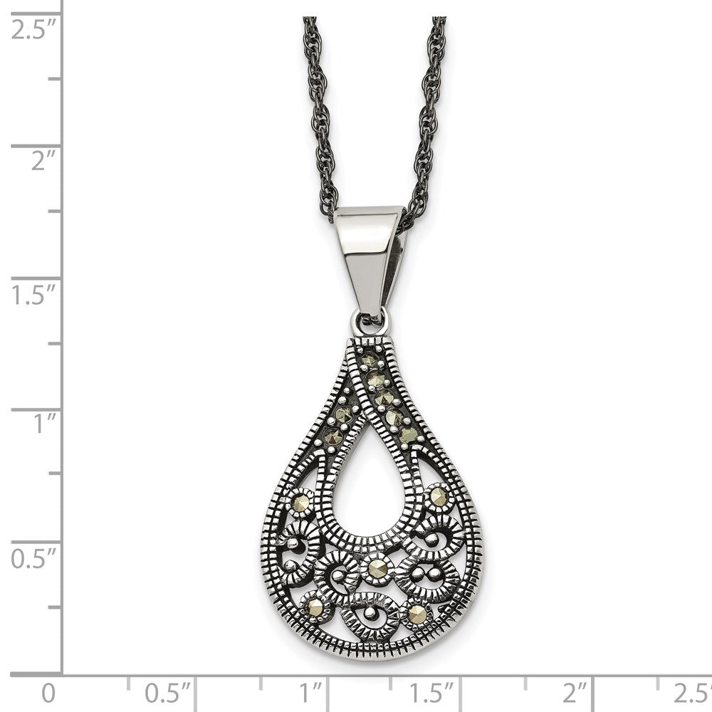 Stainless Steel Antiqued Polished & Textured Marcasite Teardrop Necklace