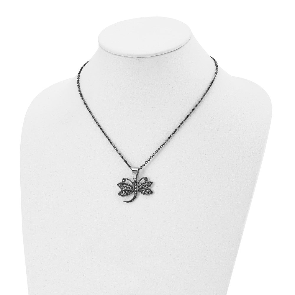 Stainless Steel Antiqued & Polished w/Marcasite Dragonfly 18in Necklace