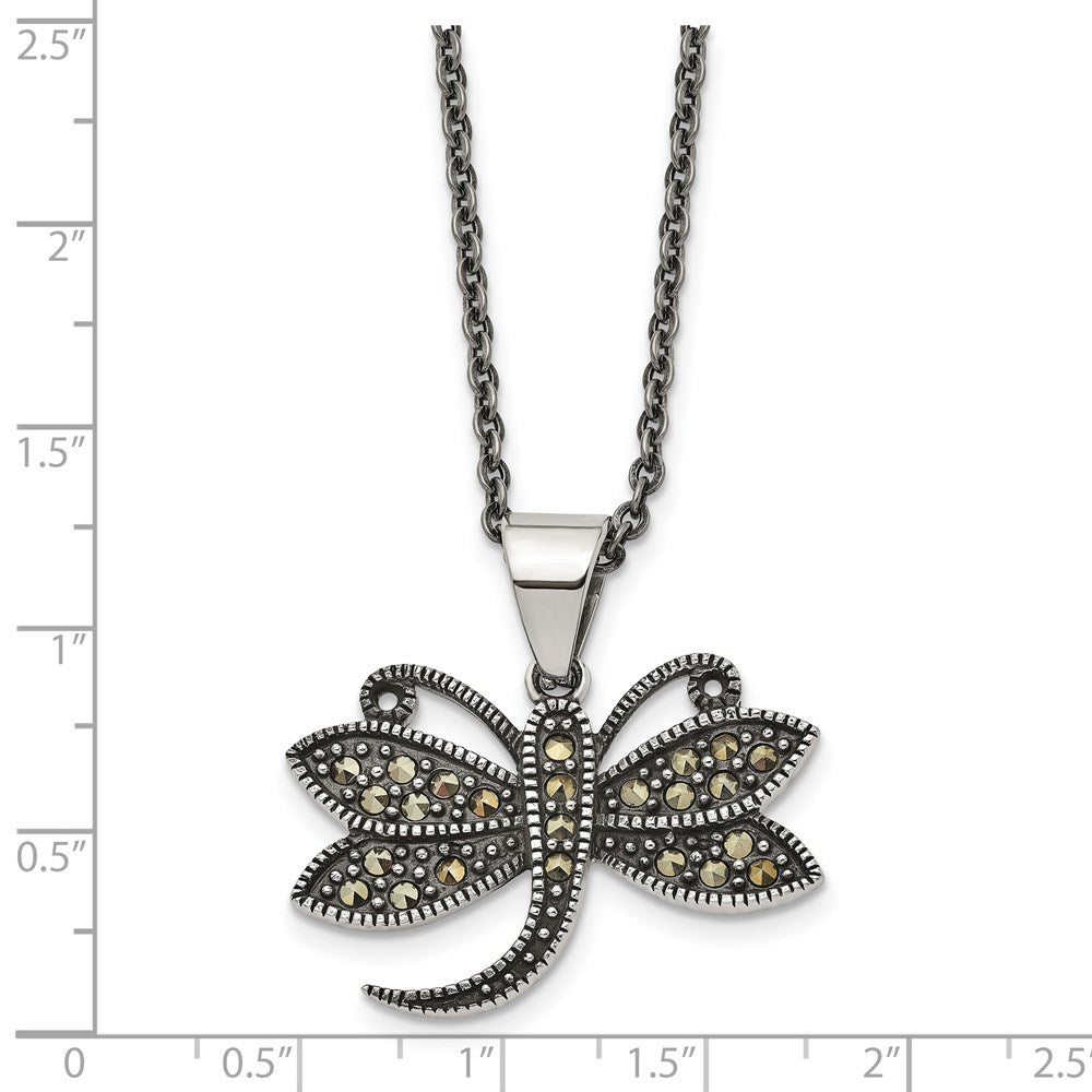 Stainless Steel Antiqued & Polished w/Marcasite Dragonfly 18in Necklace