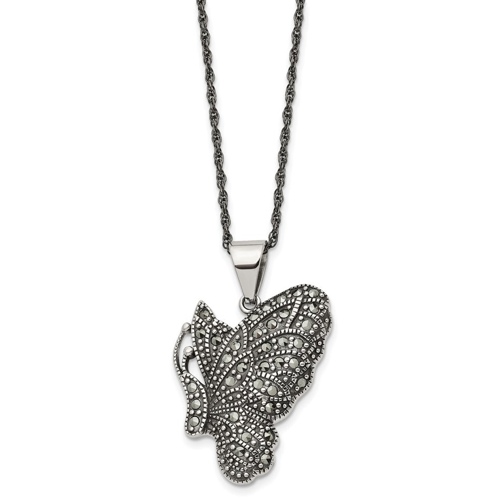 Stainless Steel Antiqued & Polished w/Marcasite Butterfly 20in Necklace