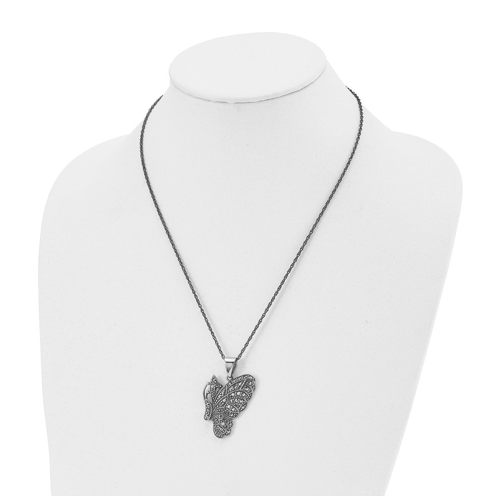 Stainless Steel Antiqued & Polished w/Marcasite Butterfly 20in Necklace
