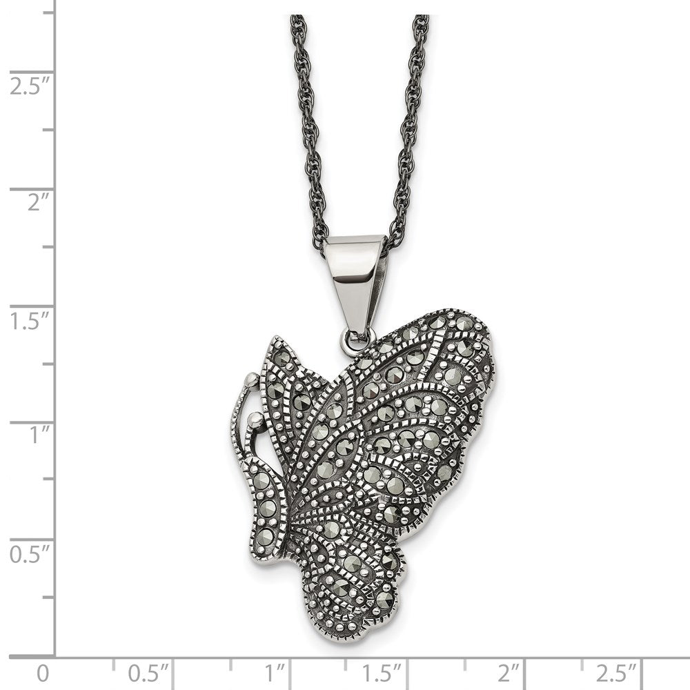 Stainless Steel Antiqued & Polished w/Marcasite Butterfly 20in Necklace