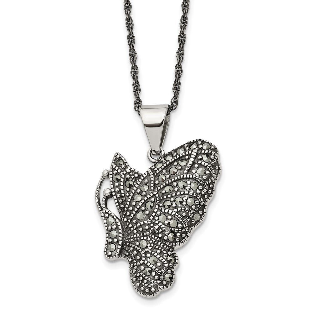 Stainless Steel Antiqued & Polished w/Marcasite Butterfly 20in Necklace