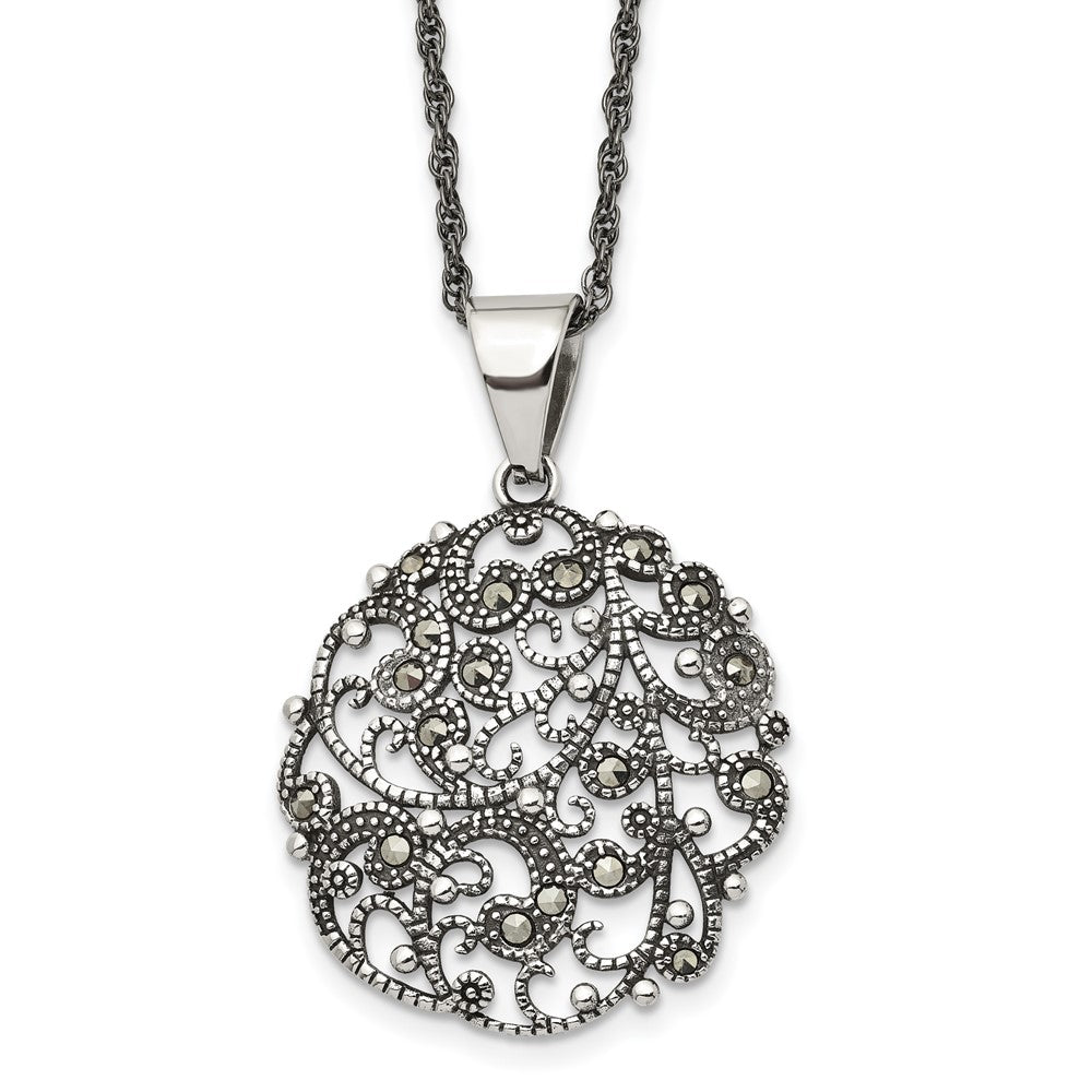 Stainless Steel Antiqued and Polished Marcasite Circle 20in Necklace