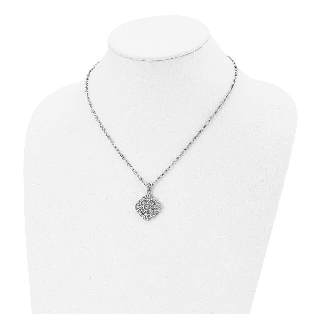 Stainless Steel Polished Clear and Pink CZ Square 18in Necklace