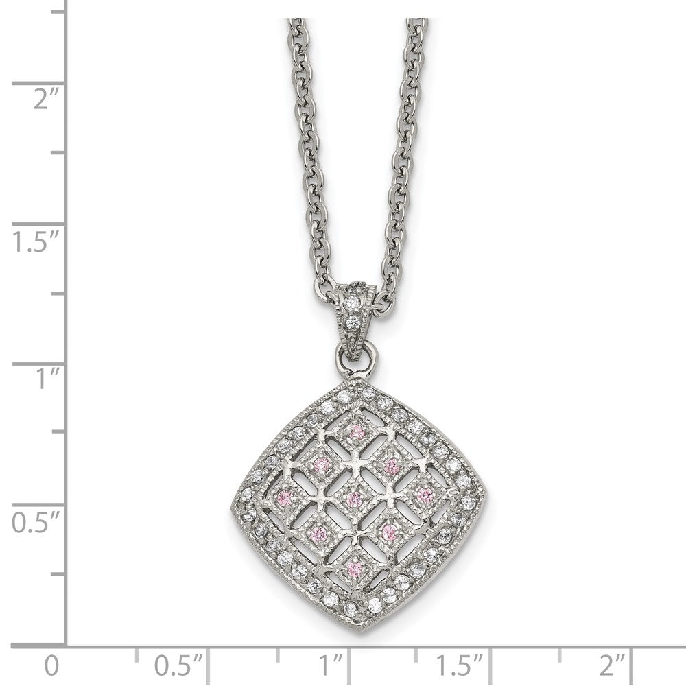 Stainless Steel Polished Clear and Pink CZ Square 18in Necklace