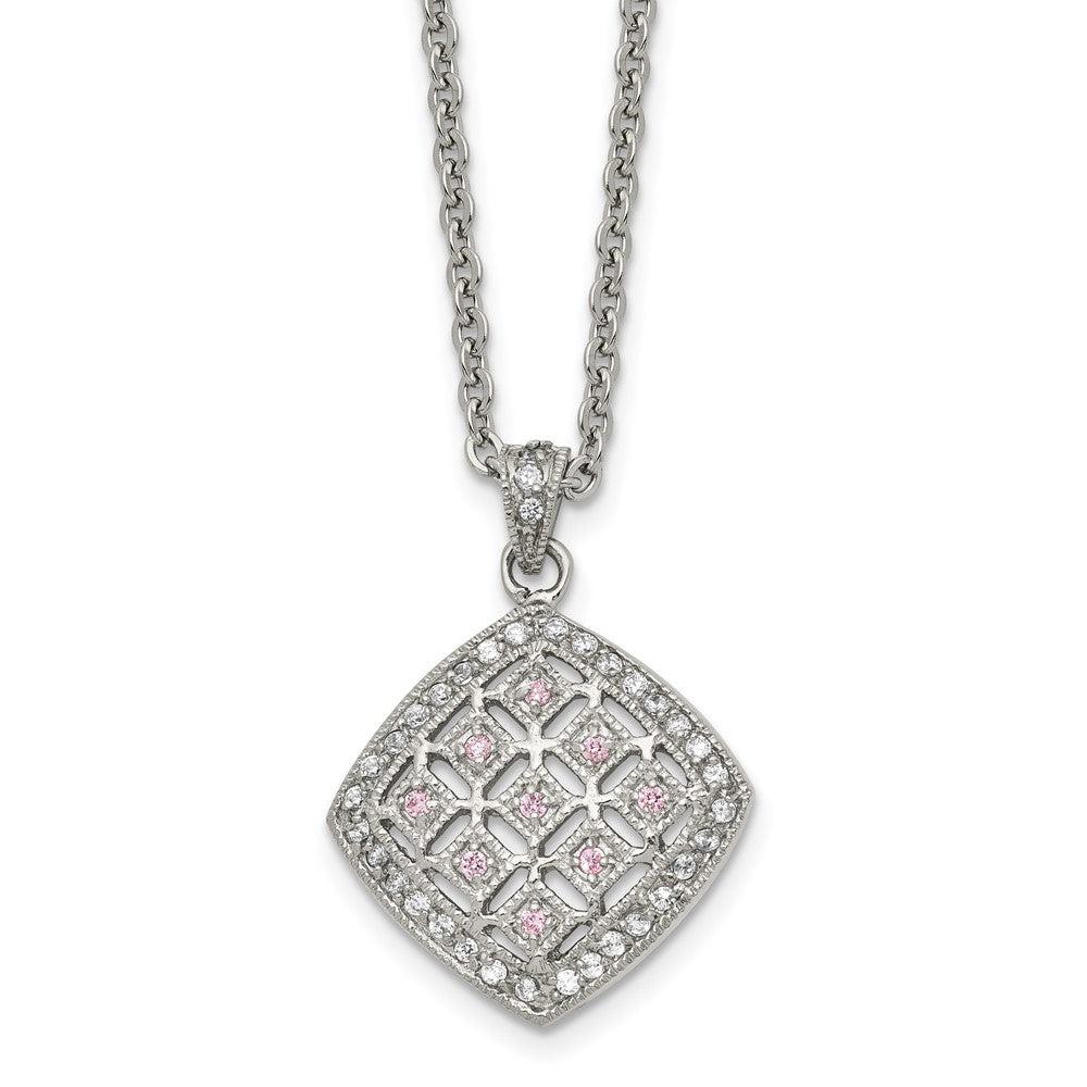 Stainless Steel Polished Clear and Pink CZ Square 18in Necklace