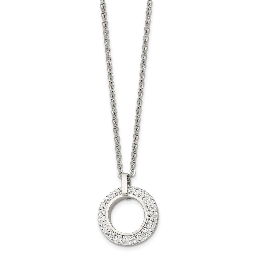 Stainless Steel Polished White Enameled w/Crystals Circle 18in Necklace