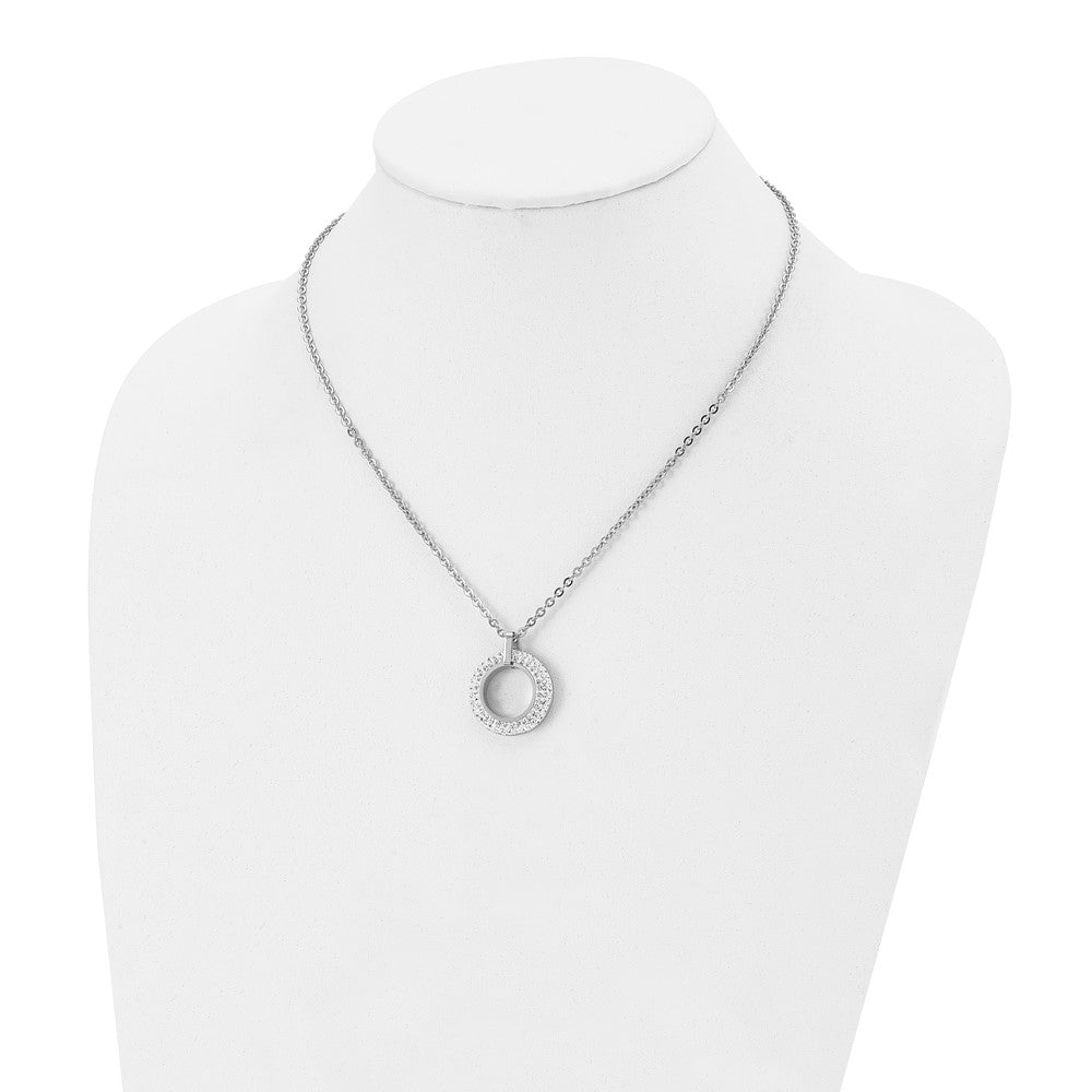 Stainless Steel Polished White Enameled w/Crystals Circle 18in Necklace