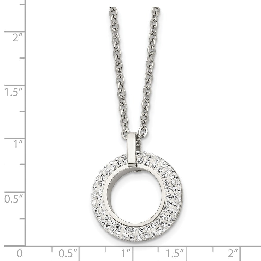Stainless Steel Polished White Enameled w/Crystals Circle 18in Necklace