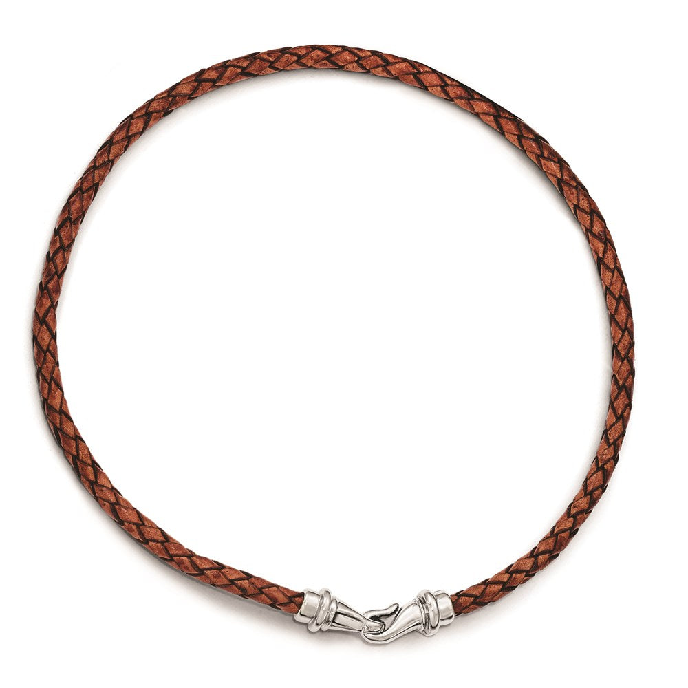Stainless Steel Polished Woven Brown Leather 19.5in Necklace