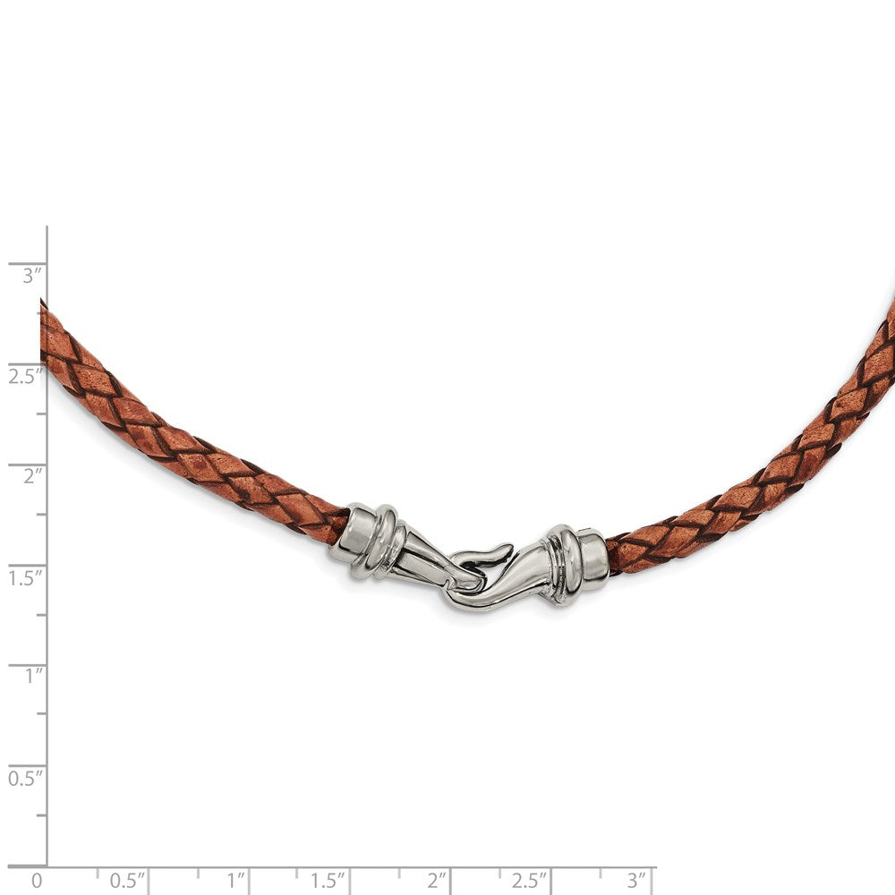 Stainless Steel Polished Woven Brown Leather 19.5in Necklace