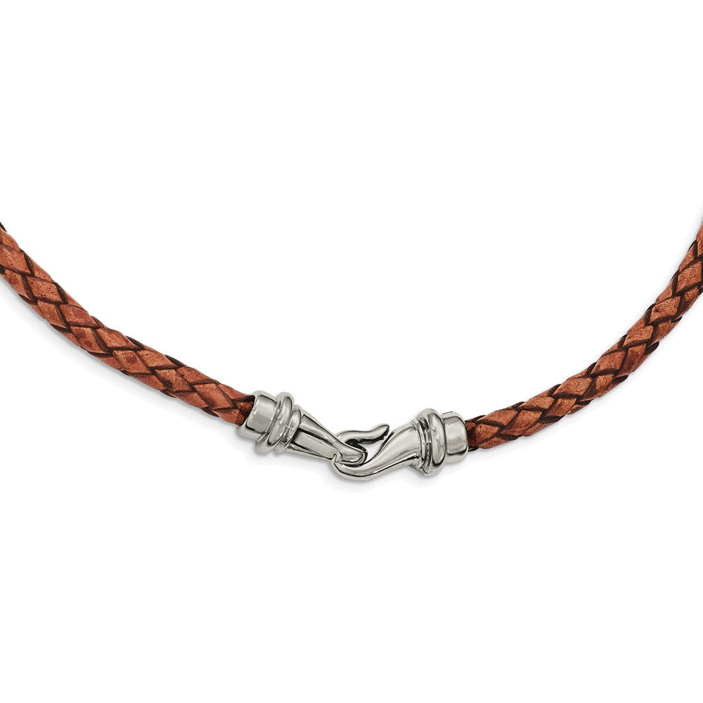 Stainless Steel Polished Woven Brown Leather 19.5in Necklace