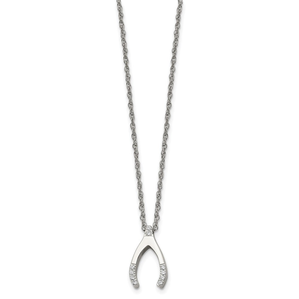 Stainless Steel Polished w/CZ Wishbone 15.5in Necklace