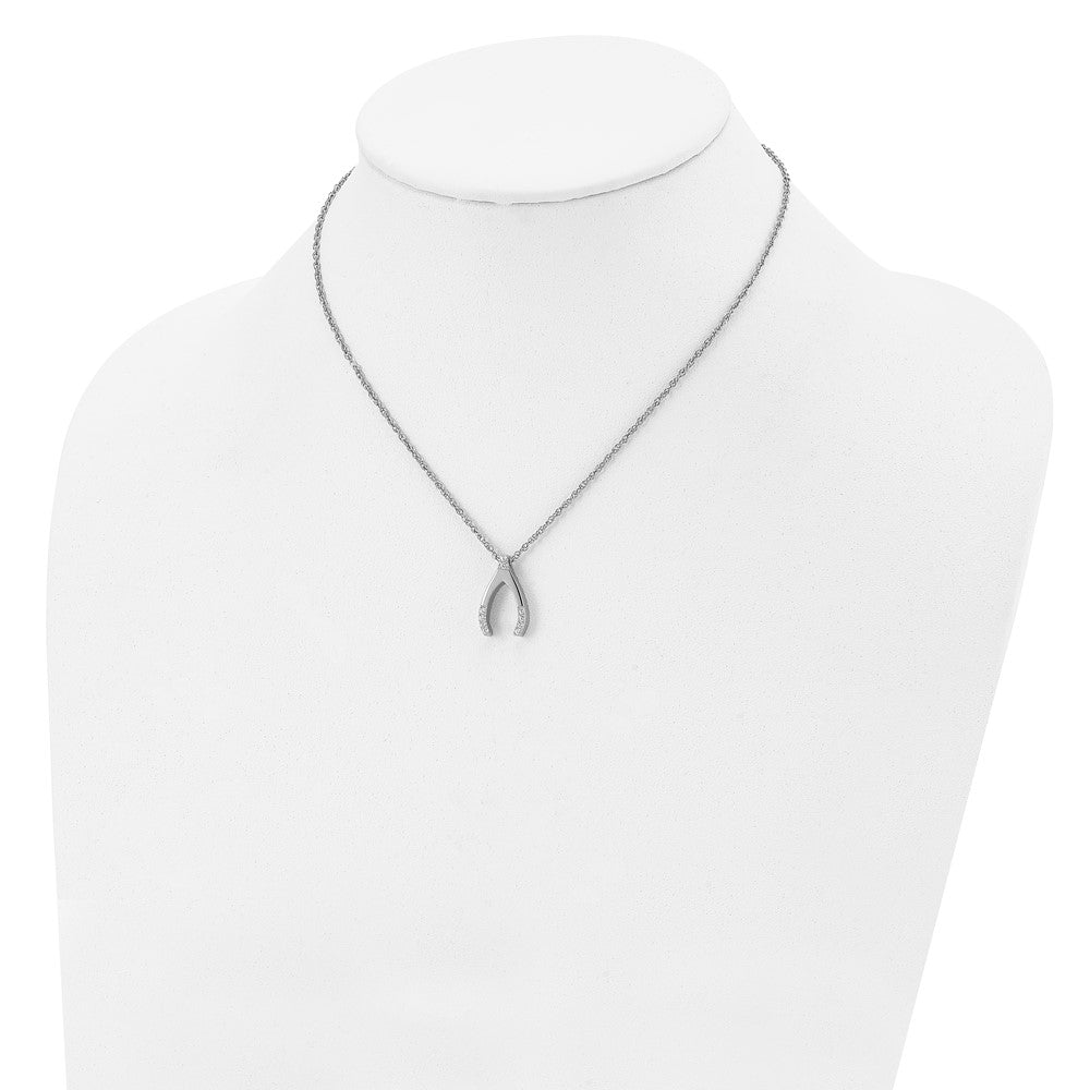 Stainless Steel Polished w/CZ Wishbone 15.5in Necklace