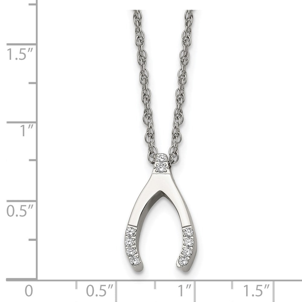 Stainless Steel Polished w/CZ Wishbone 15.5in Necklace
