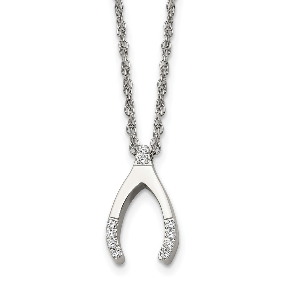 Stainless Steel Polished w/CZ Wishbone 15.5in Necklace