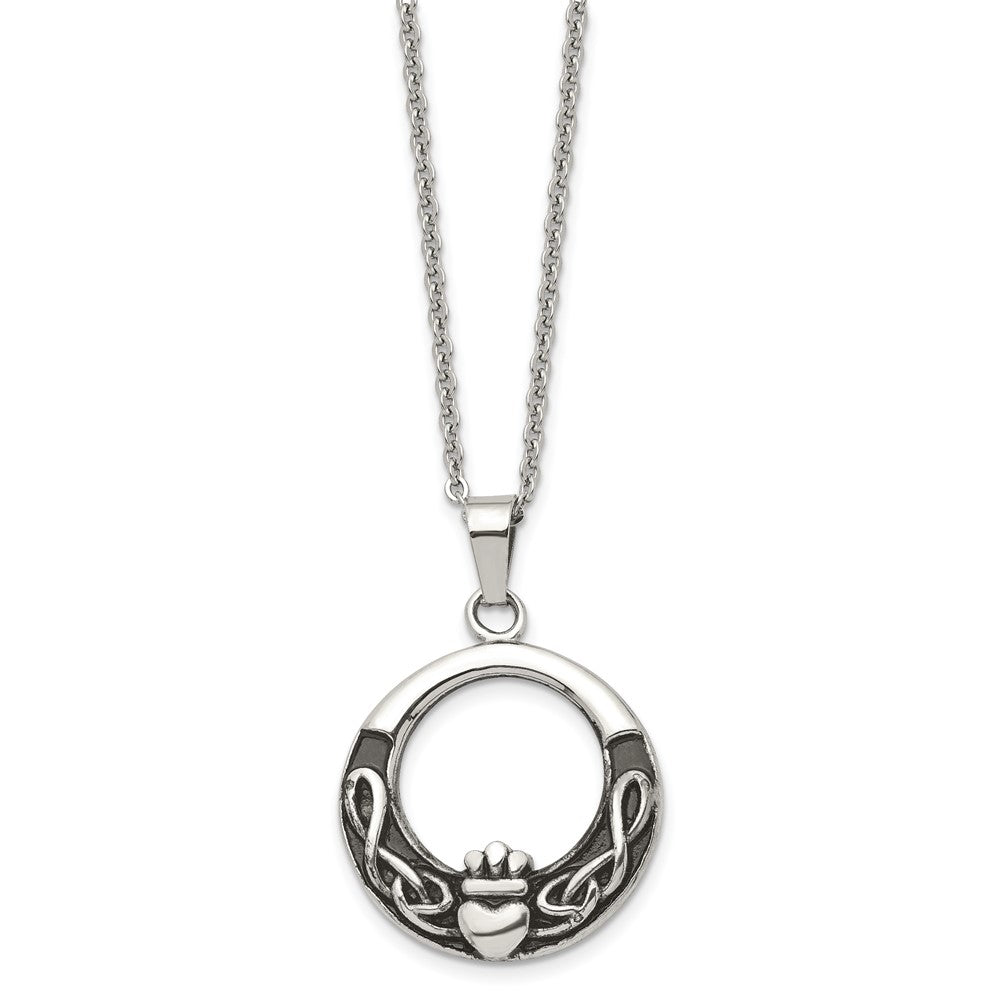 Stainless Steel Antiqued and Polished Claddagh 18in Necklace
