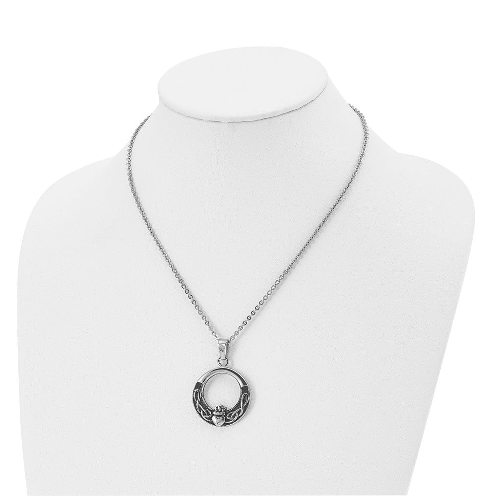 Stainless Steel Antiqued and Polished Claddagh 18in Necklace