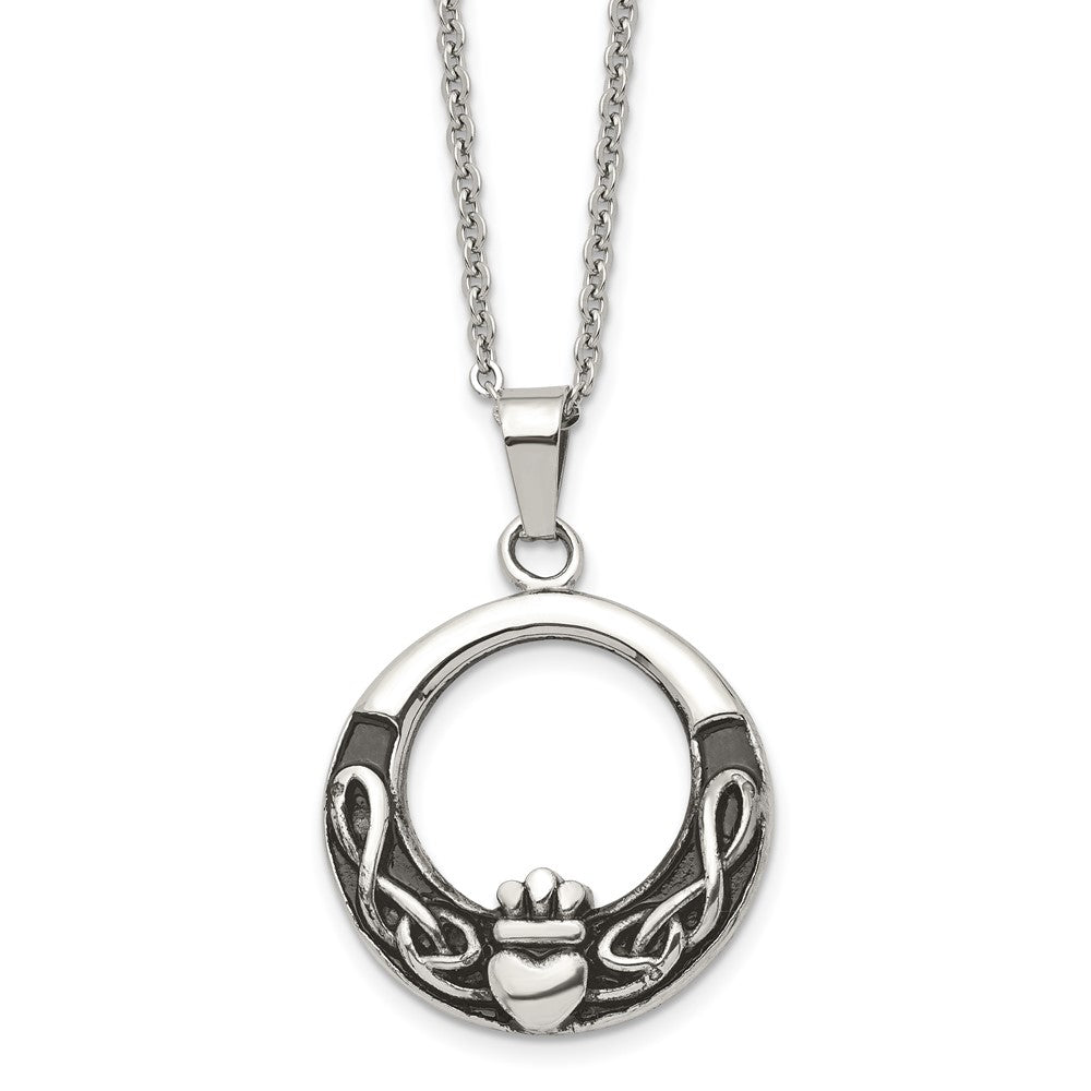 Stainless Steel Antiqued and Polished Claddagh 18in Necklace