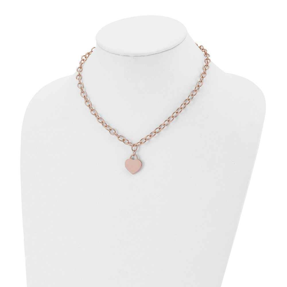 Stainless Steel Polished Rose IP-plated Heart 16in w/.5in ext Necklace