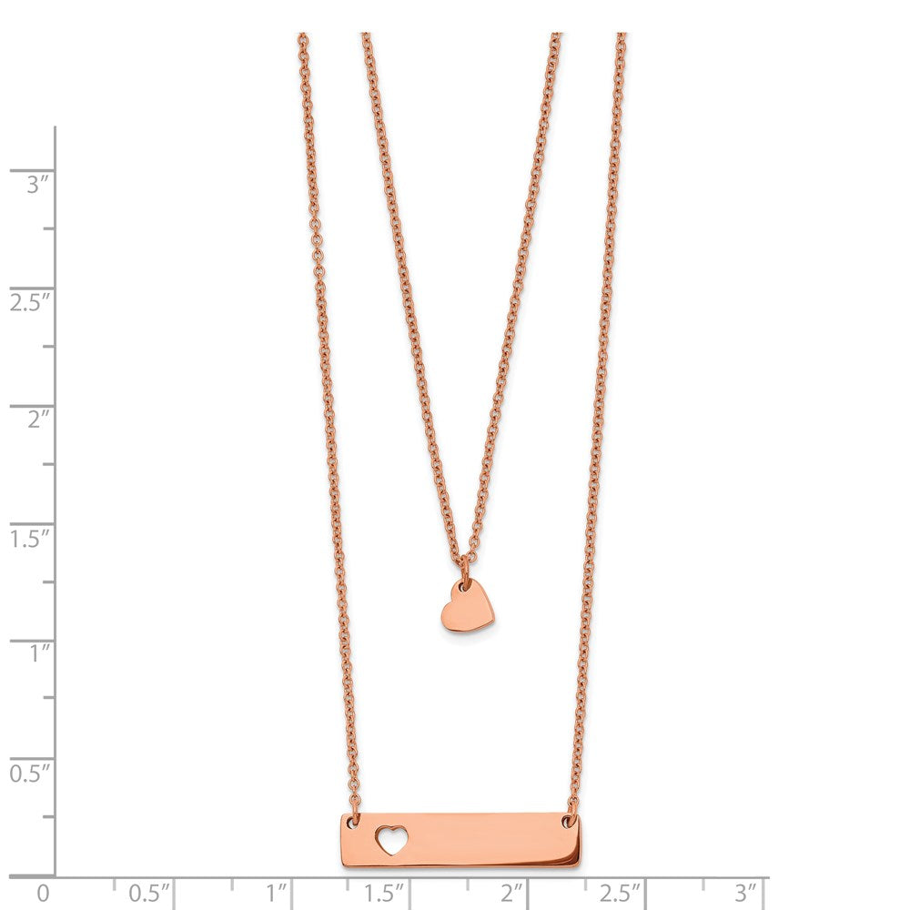 Stainless Steel Polished Rose IP Heart Bar Multi Strand 1.5in ext Necklace