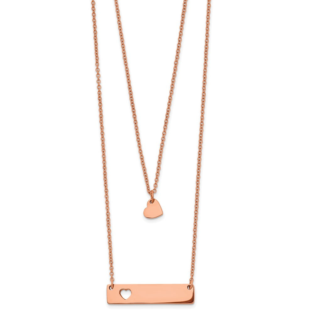 Stainless Steel Polished Rose IP Heart Bar Multi Strand 1.5in ext Necklace
