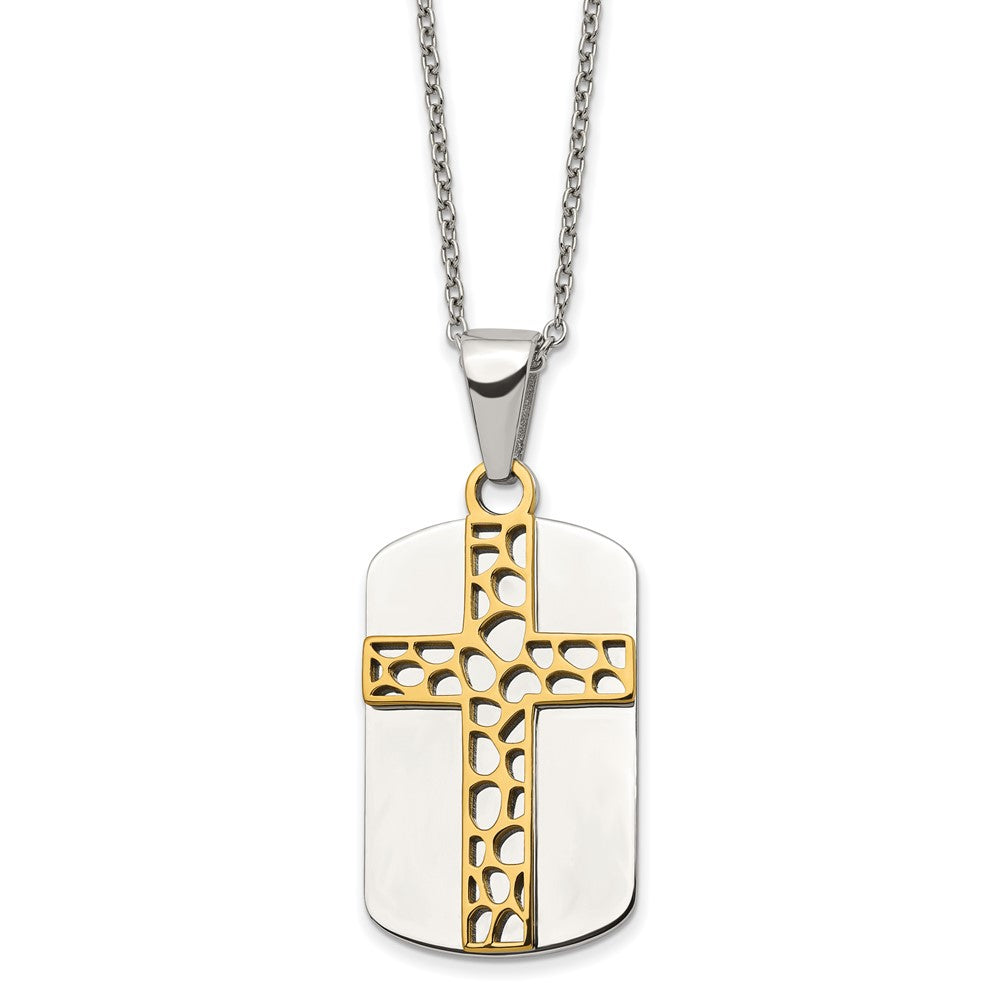 Stainless Steel Polished Yellow IP-plated Cross Dog Tag 18in Necklace
