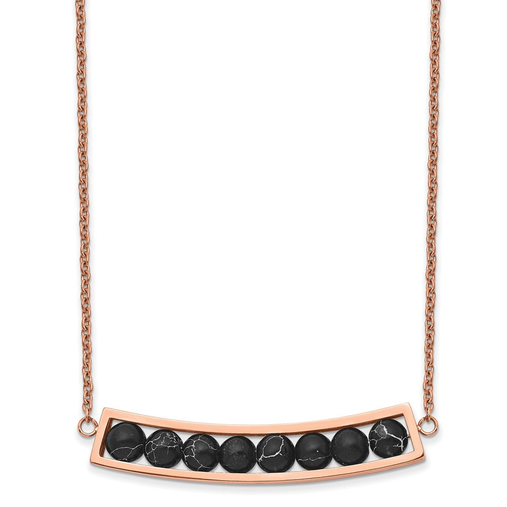 Stainless Steel Polished Rose IP w/Black Grain Stone w/2in ext Necklace