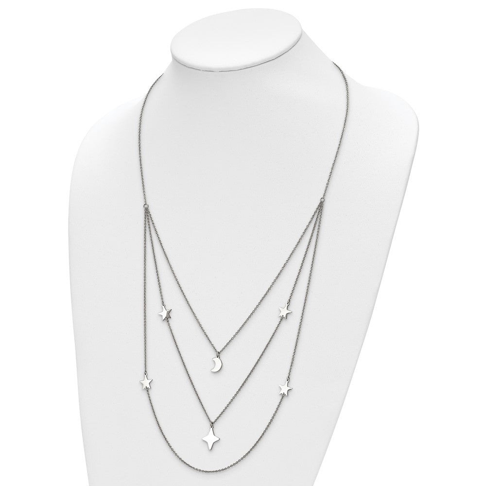 Stainless Steel Polished Stars & Moon Multi Strand w/1.75in ext Necklace