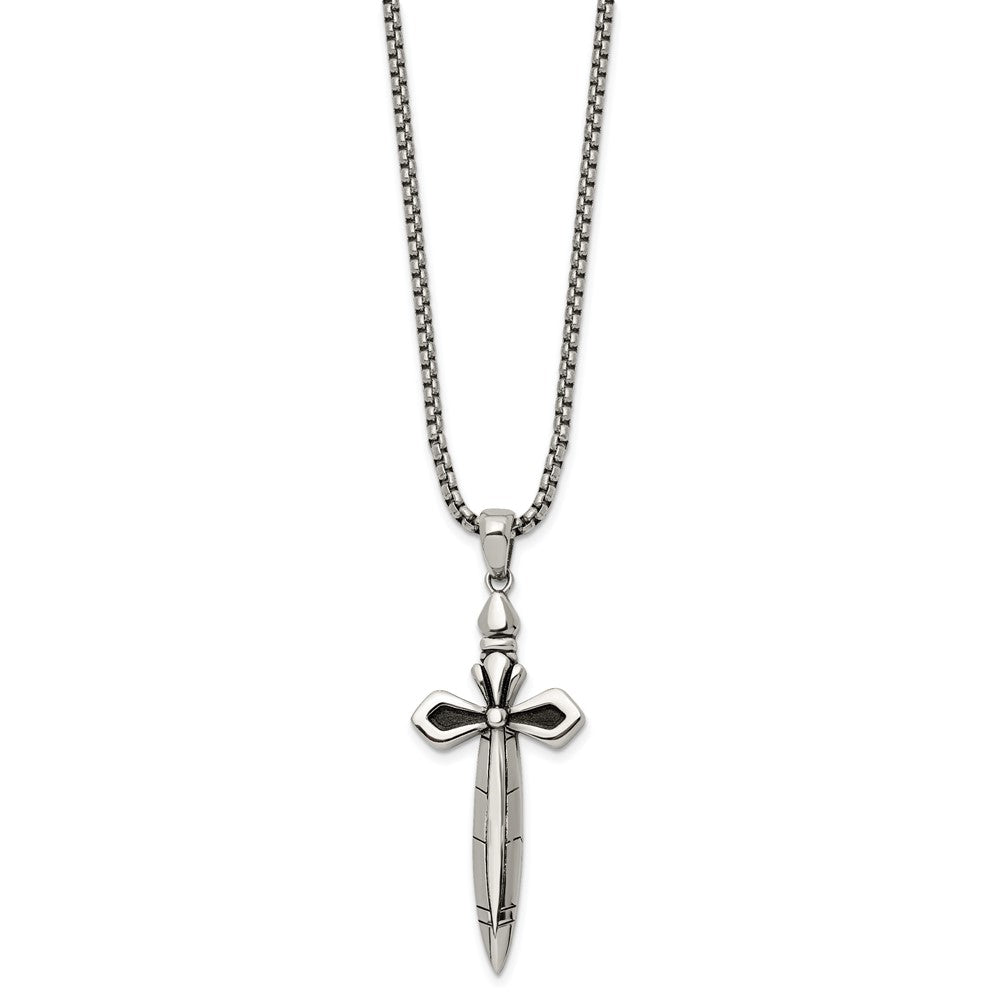 Stainless Steel Antiqued and Polished Cross/Sword 24in Necklace