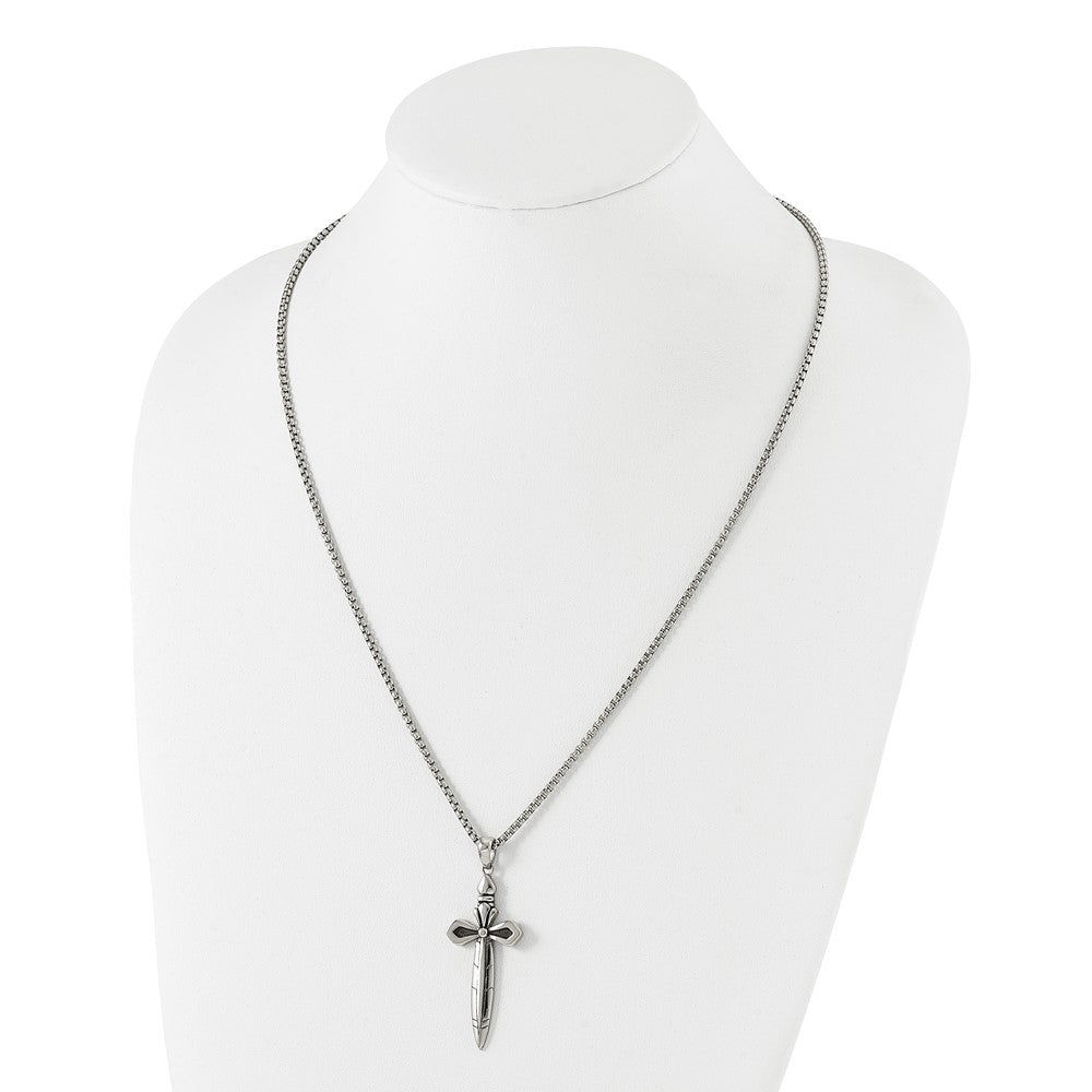 Stainless Steel Antiqued and Polished Cross/Sword 24in Necklace