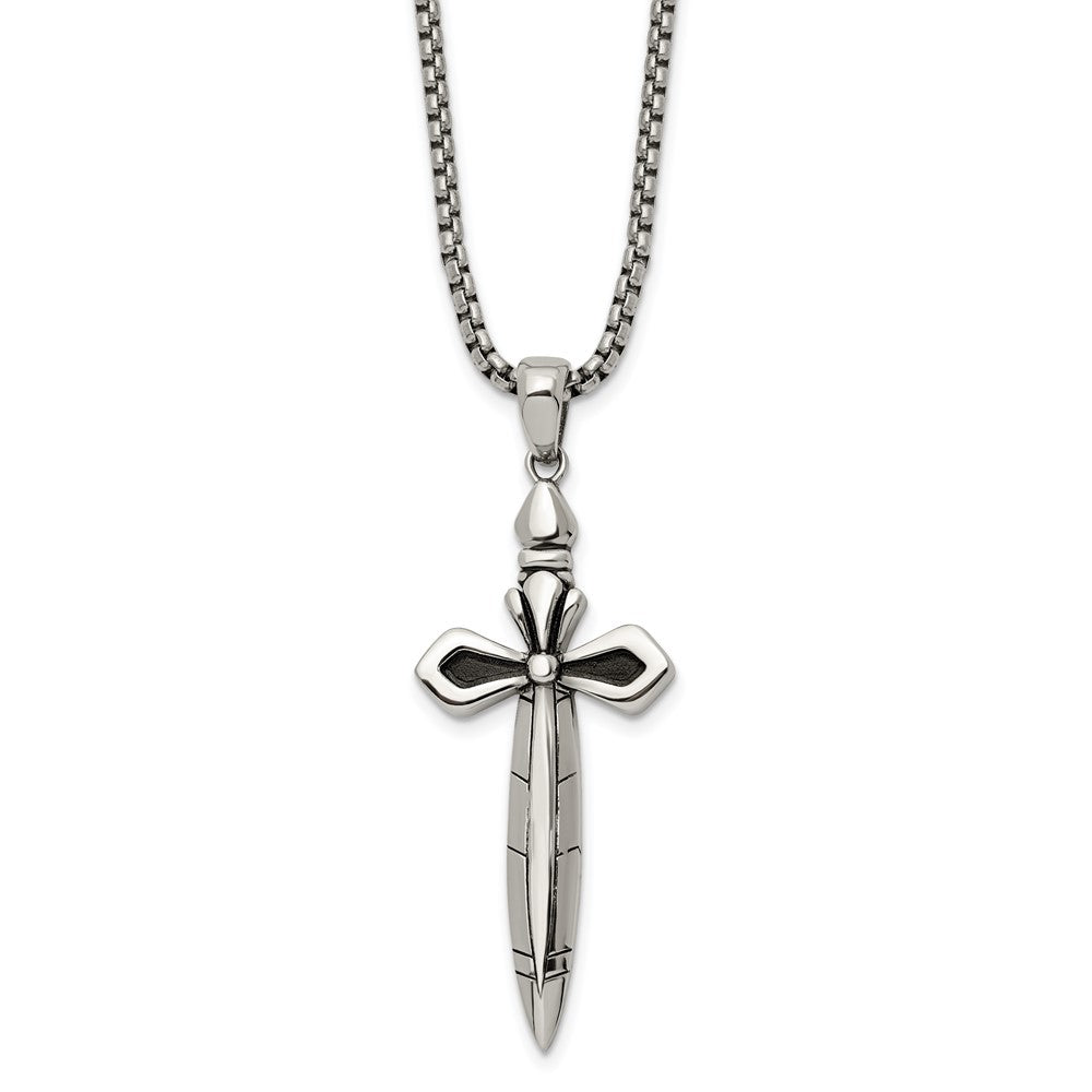Stainless Steel Antiqued and Polished Cross/Sword 24in Necklace