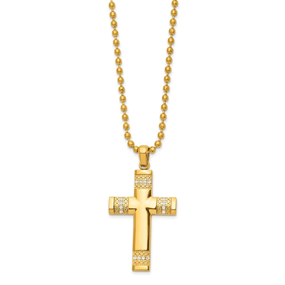 Stainless Steel Polished & Textured Yellow IP w/CZ Cross 24in Necklace