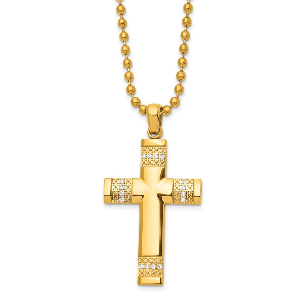 Stainless Steel Polished & Textured Yellow IP w/CZ Cross 24in Necklace