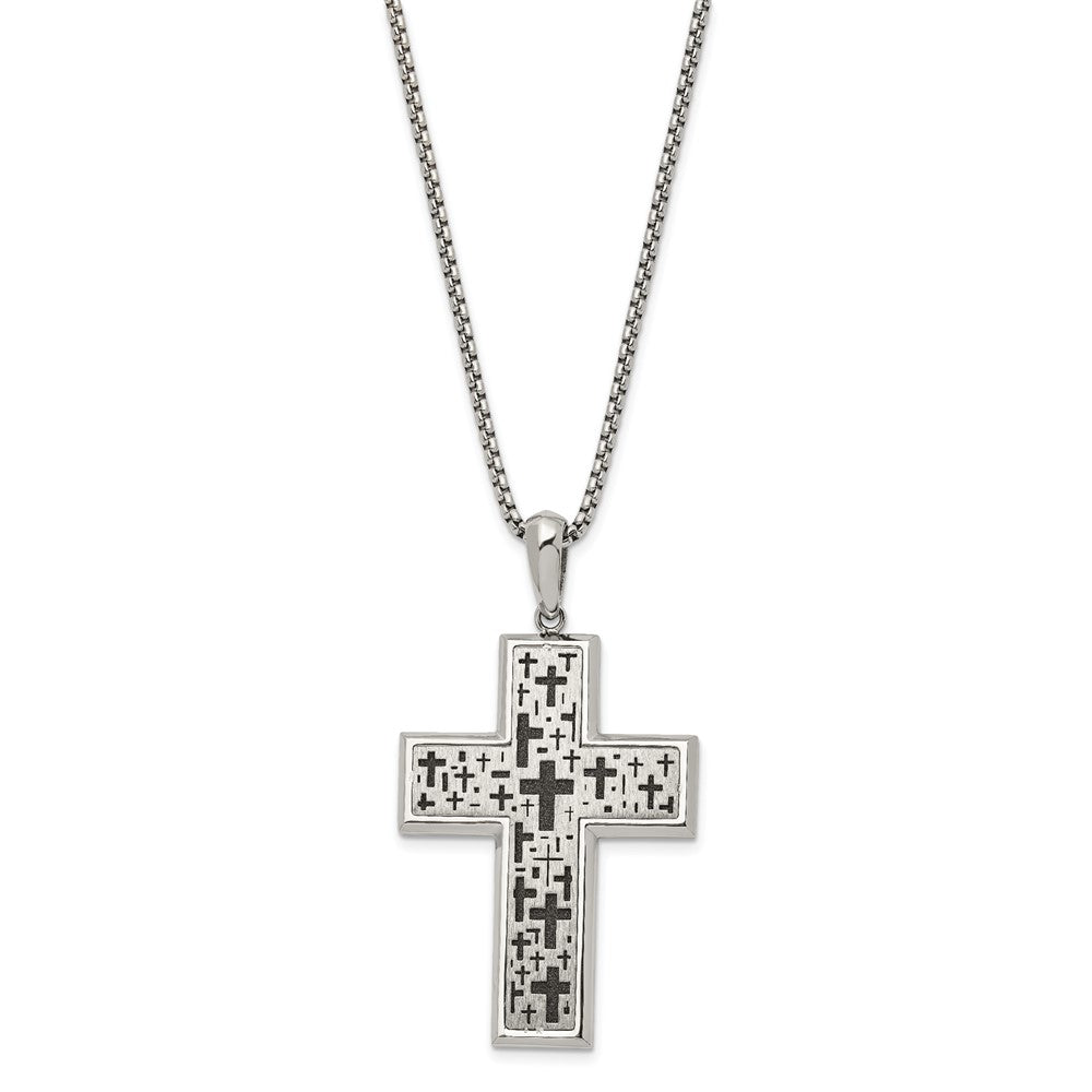 Stainless Steel Brushed Polished & Laser cut Black IP Cross Necklace