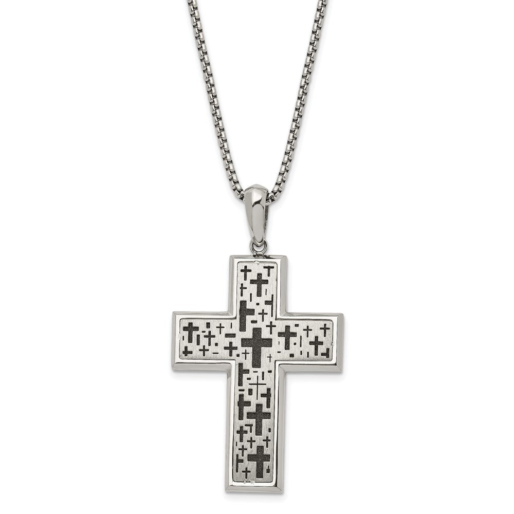 Stainless Steel Brushed Polished & Laser cut Black IP Cross Necklace