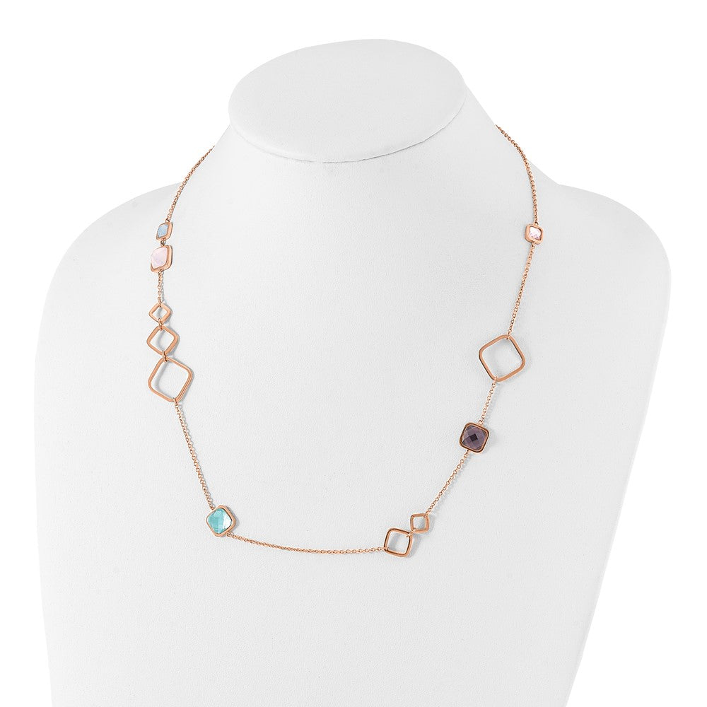 Stainless Steel Polished Rose IP Multicolor Crystal w/2.75in ext. Necklace